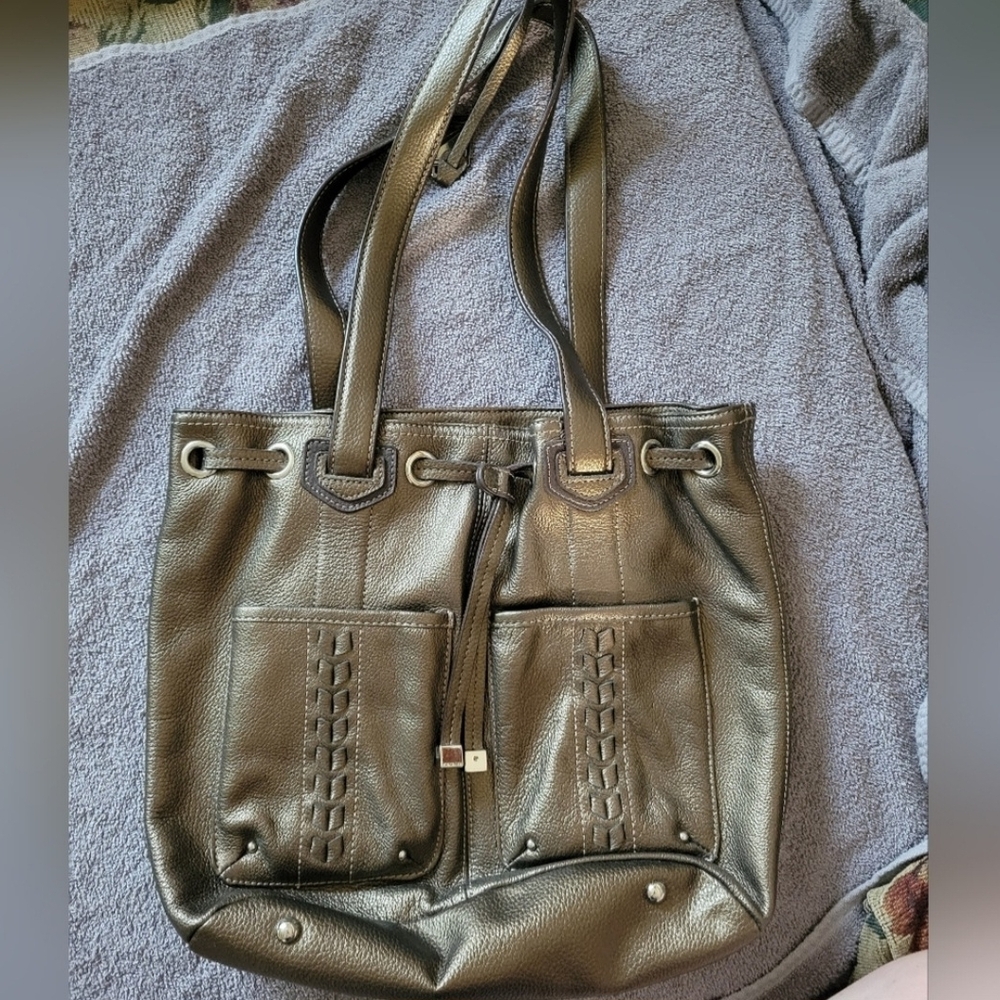B. Makowsky Black Leather Tote with Front Pockets